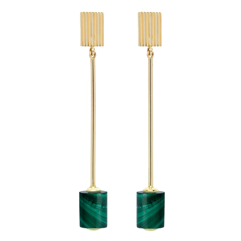Gold long earrings with cylinder cut malachite stone