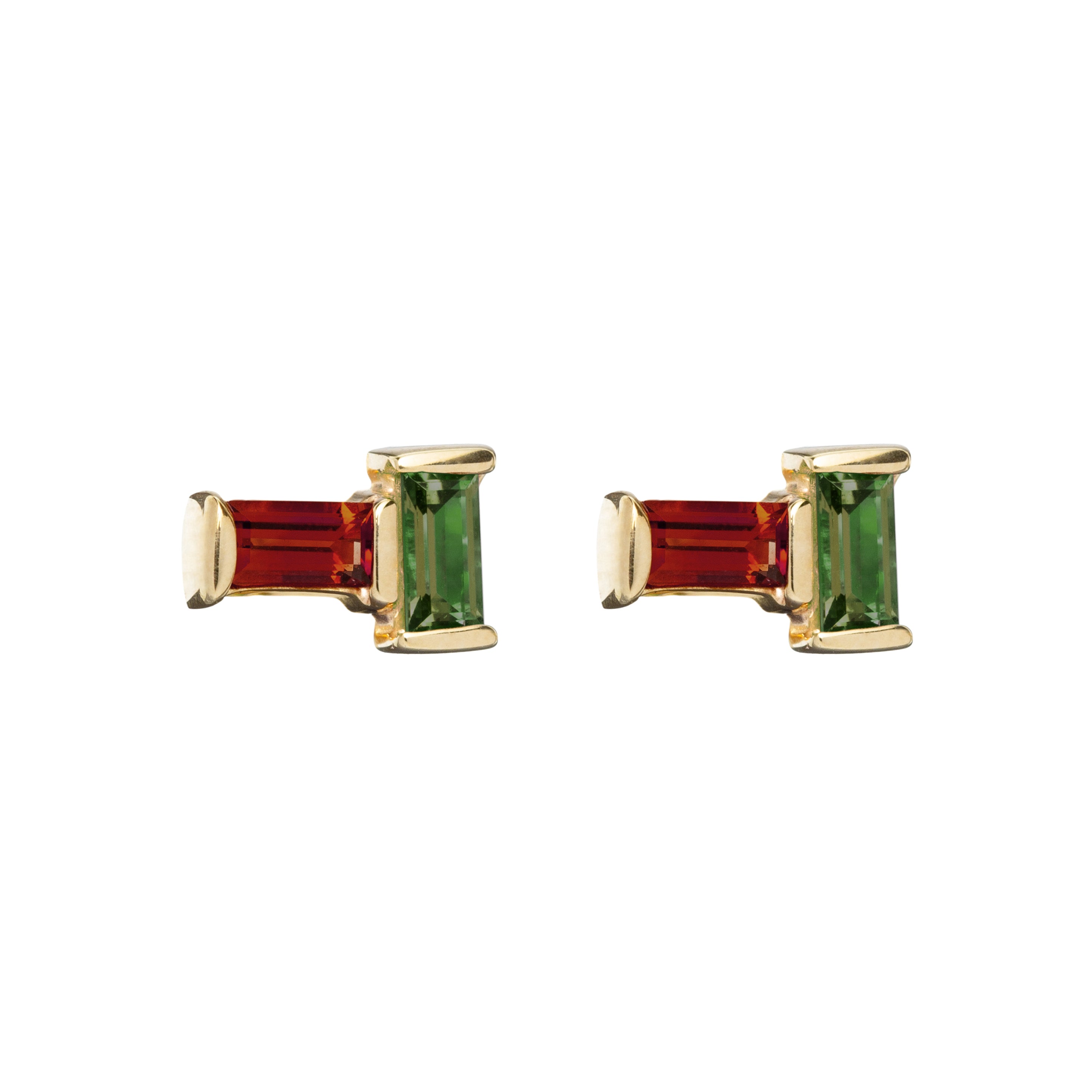 Gold earrings pair with baguette cut garnet and green tourmaline