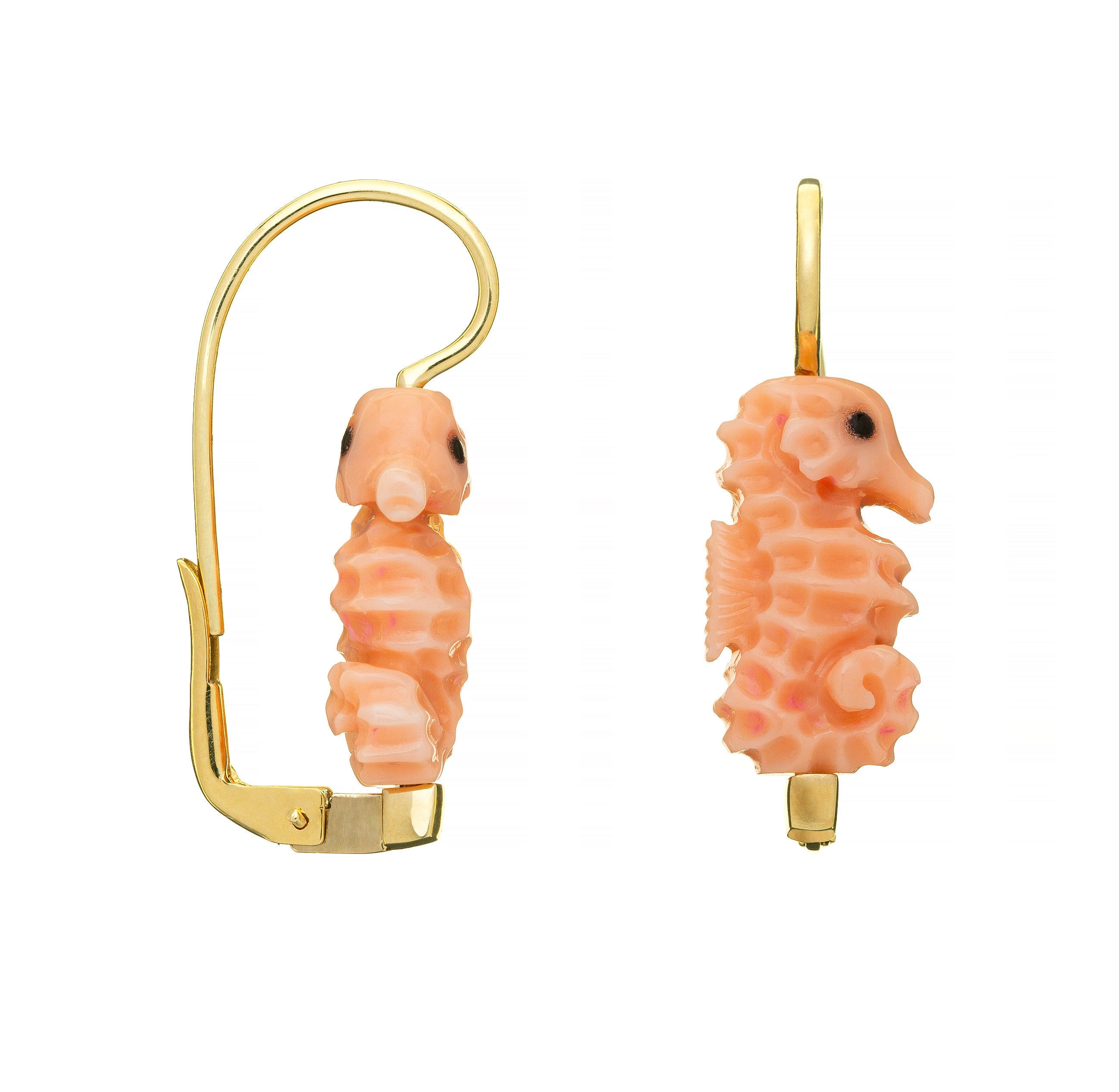 Gold earrings with seahorse shaped pink coral