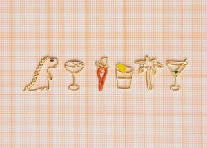 Jewelry gold pendants shaped like dinosaur. palm tree, carrot, tequila shot, martini drink, champagne glass