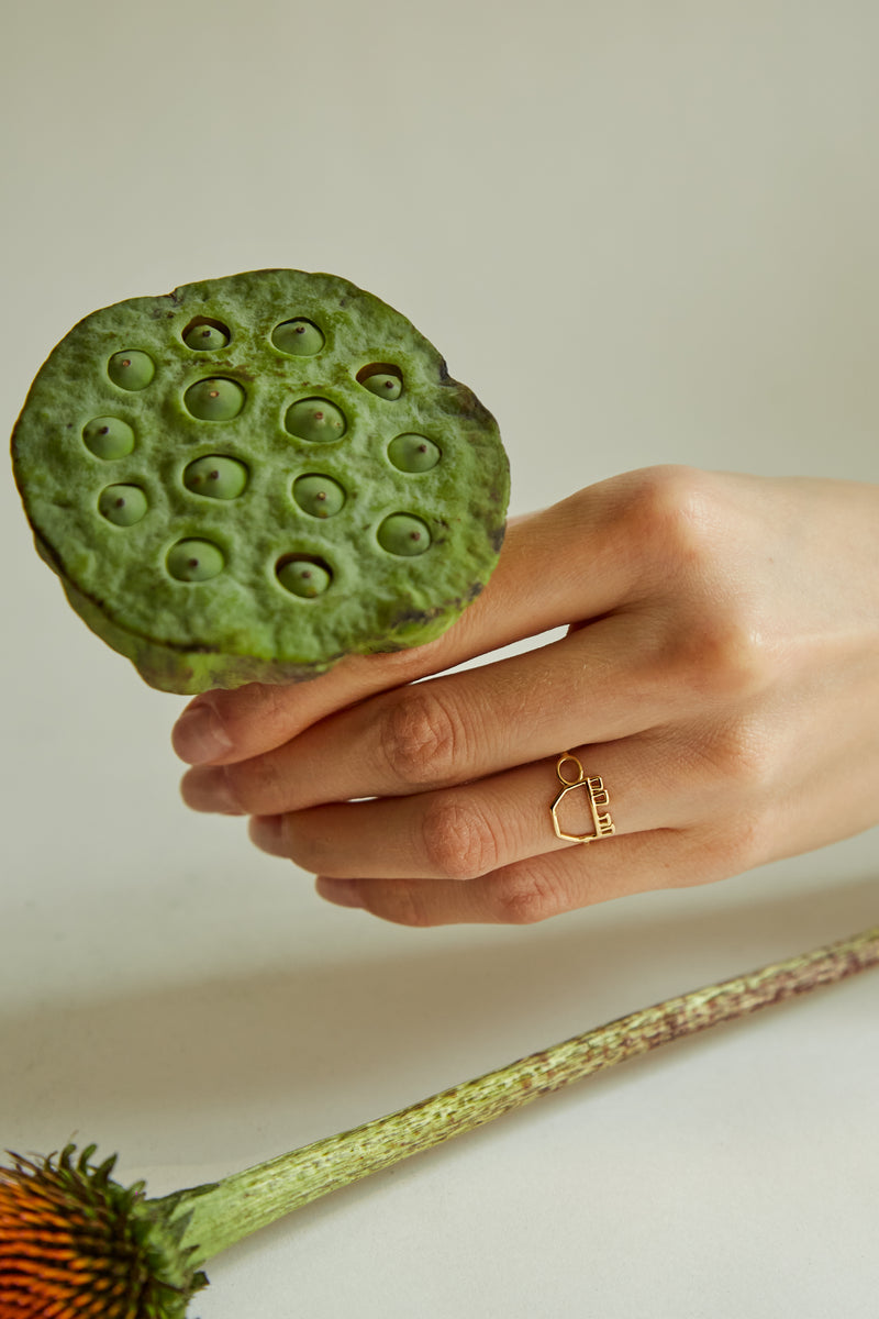 Hand holding a green flower and wearing a turtle shaped gold ring