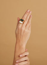 Load image into Gallery viewer, Gold square rings with jasper stone and white agate on woman&#39;s hand
