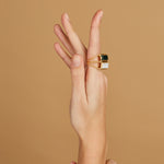 Gold square rings with jasper stone and white agate worn by model