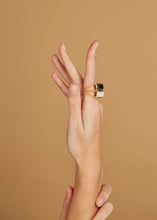 Load image into Gallery viewer, Gold square rings with jasper stone and white agate worn by model
