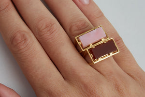 Gold square rings with carnelian and pink opal stones