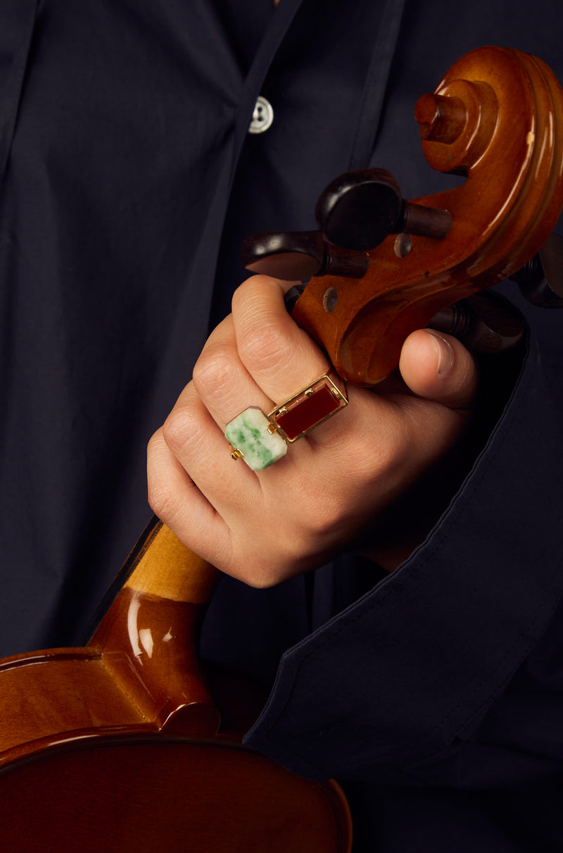 Hand holding violin wearing gold rings with stones