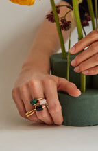 Load image into Gallery viewer, Hands wearing gold rings with cylinder cut malachite stones
