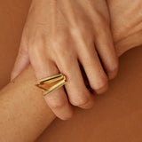Gold ring with triangular cut citrine stone on woman's hand