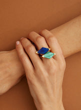 Load image into Gallery viewer, Gold rings with lapis lazuli and malachite in rhombus cut on woman&#39;s hand
