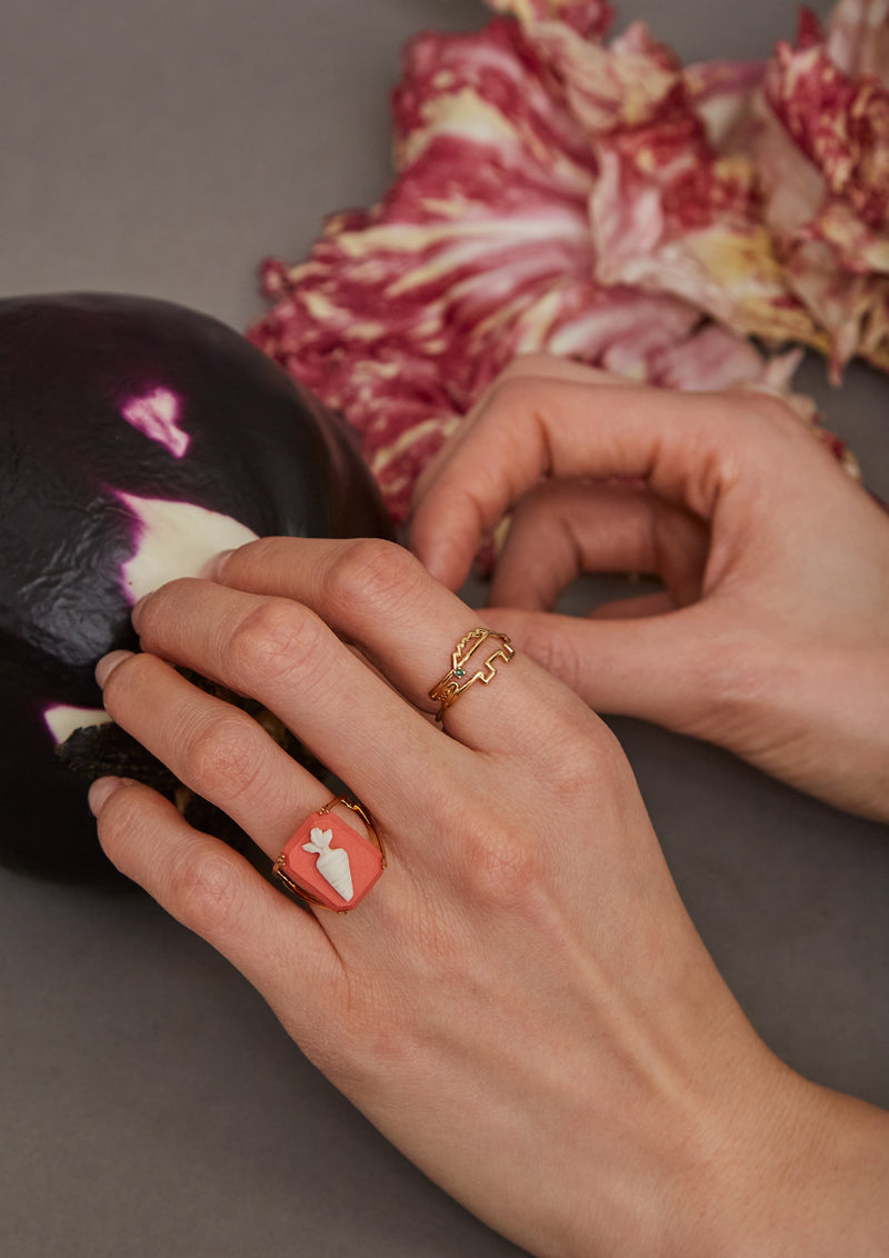 Woman hands holding an eggplant wearing a gold ring with carrot shaped cameo and a crocodile shaped gold ring