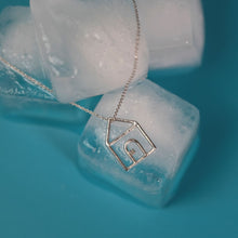 Load image into Gallery viewer, White gold chain necklace with house shaped pendant and small diamond on ice cubes
