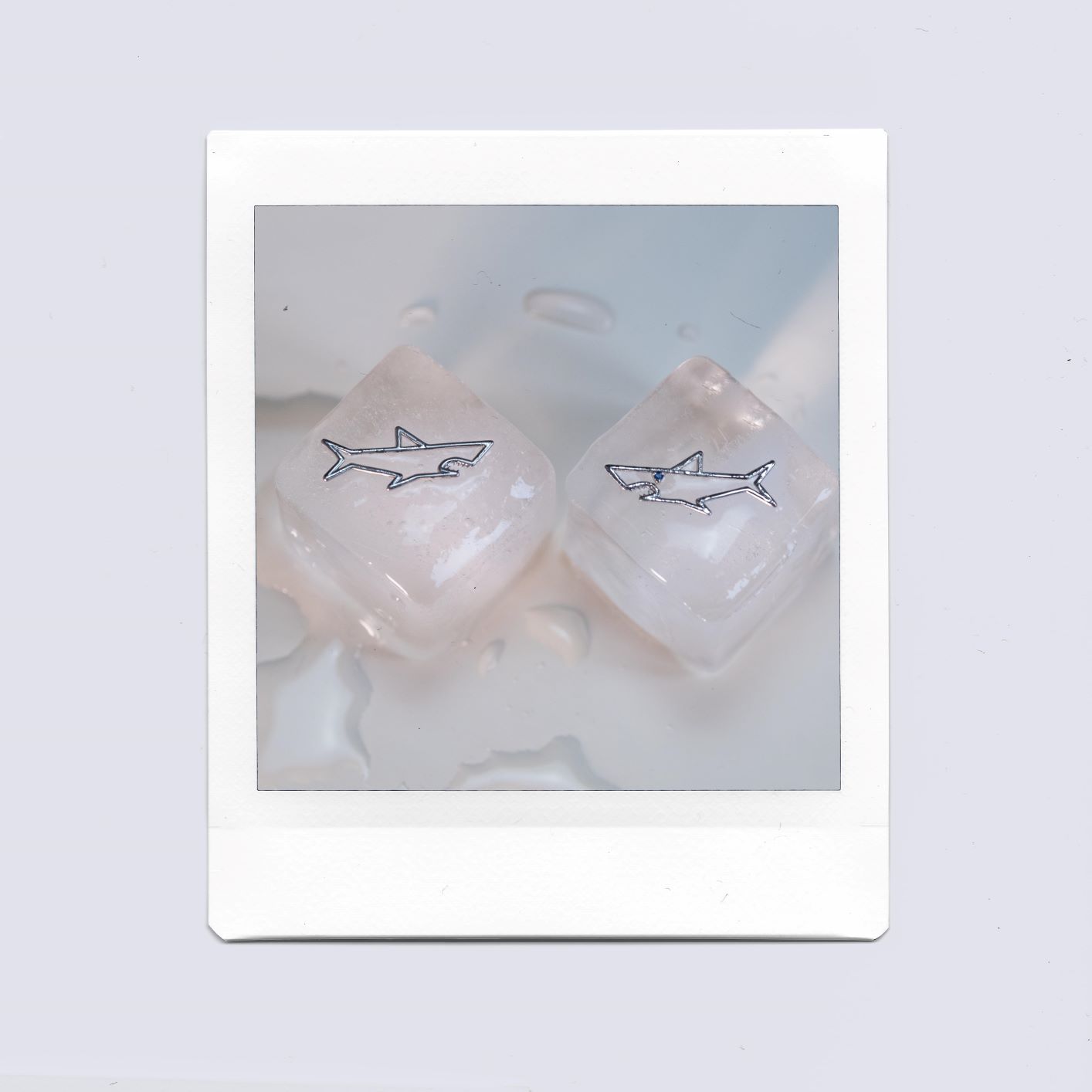 White gold shark shaped pendants on ice cubes