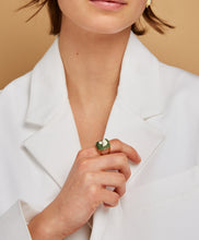Load image into Gallery viewer, Model wearing gold ring with broccoli cameo in green porcelain
