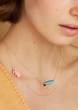 Load image into Gallery viewer, Gold chain necklace wih surf shaped turquoise pendant worn by model
