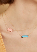 Load image into Gallery viewer, Gold chain necklace wih surf shaped turquoise pendant on model
