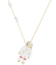Load image into Gallery viewer, Gold chain necklace with astronaut shaped pendant and aquamarine stone and a pearl
