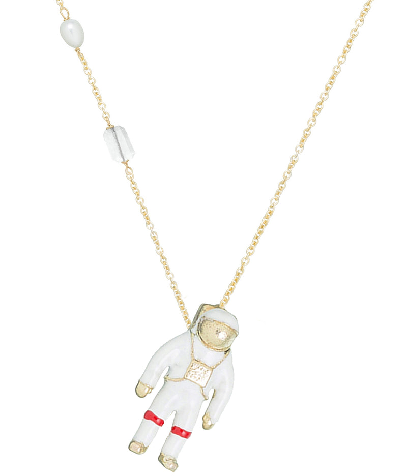 Gold chain necklace with astronaut shaped pendant and aquamarine stone and a pearl