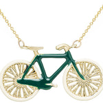 Gold chain necklace with bike shaped pendant hand-painted in green enamel