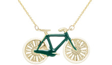 Load image into Gallery viewer, Gold chain necklace with bike shaped pendant hand-painted in green enamel
