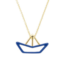 Load image into Gallery viewer, Gold chain necklace with a little paper boat pendant with blue enamel

