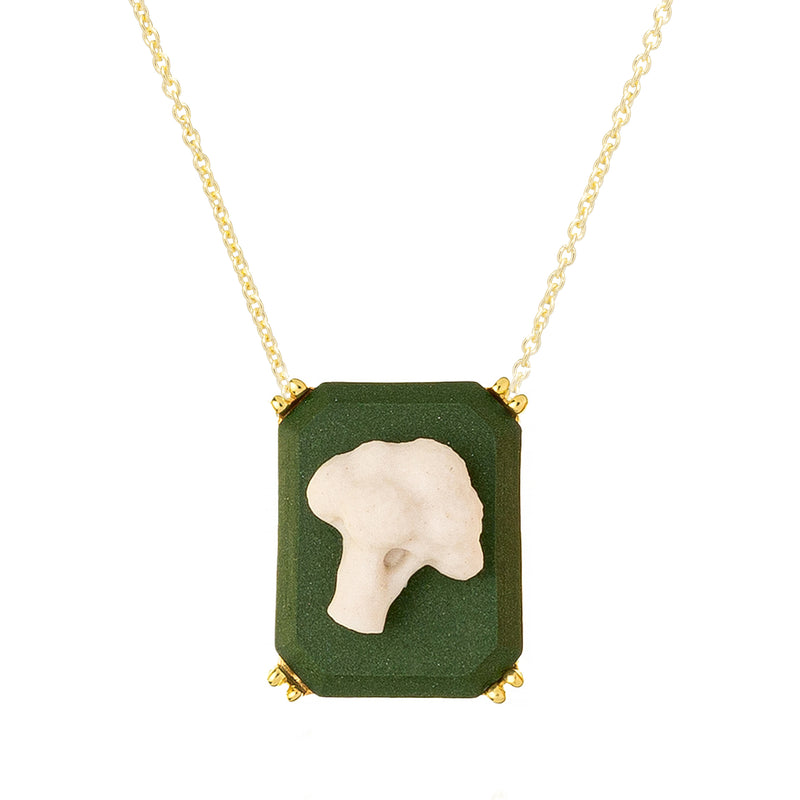 Gold chain necklace with broccoli cameo in green porcelain
