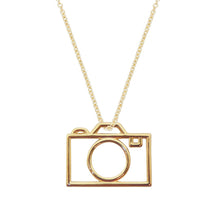Load image into Gallery viewer, Gold chain necklace with small camera pendant
