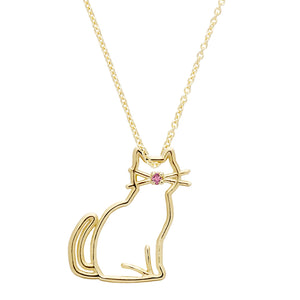 Gold chain necklace with a small seated cat shaped pendant with a pink sapphire nose