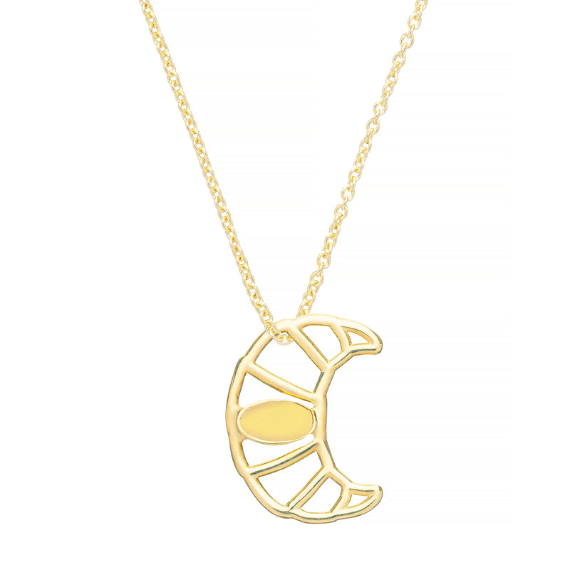 Gold chain necklace with croissant shaped pendant hand-painted in cream enamel