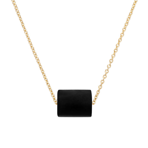 Gold chain necklace with a cylinder cut black agate stone