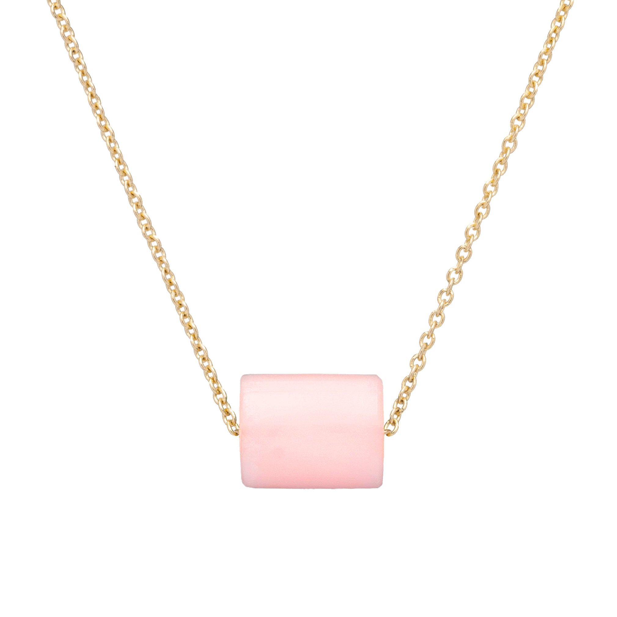 Gold chain necklace with a cylinder pink opal stone