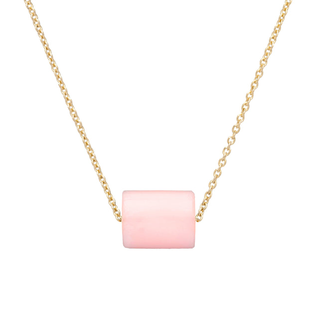 Gold chain necklace with a cylinder pink opal stone