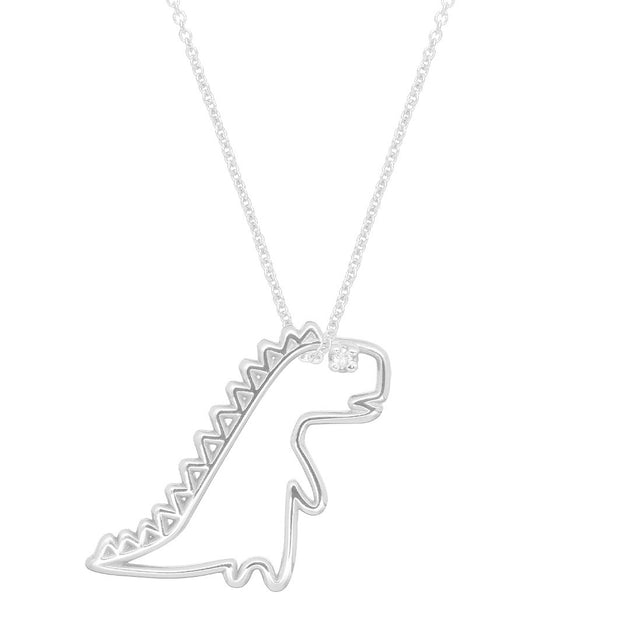 White gold chain necklace with dinosaur shaped pendant and small diamond