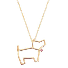 Load image into Gallery viewer, Gold chain necklace with a little dog shaped pendant with a pink sapphire
