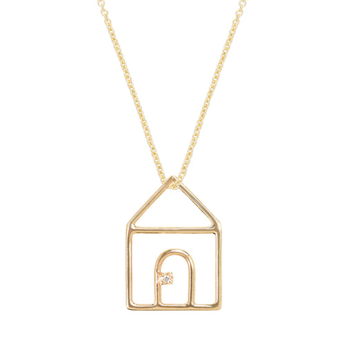 Gold chain necklace with house shaped pendant and small diamond