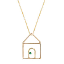 Load image into Gallery viewer, Gold chain necklace with house shaped pendant and small emerald
