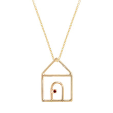 Load image into Gallery viewer, Gold chain necklace with house shaped pendant and small ruby
