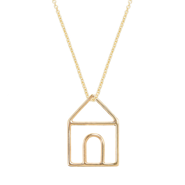Gold chain necklace with gold house shaped pendant