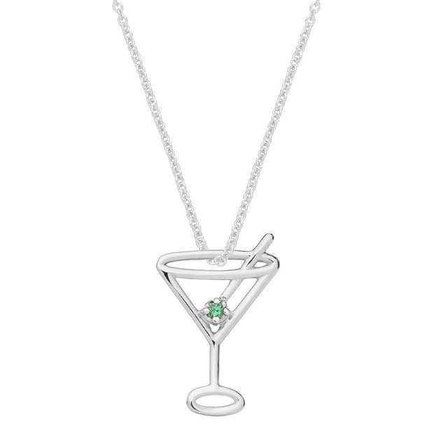 White gold chain necklace with martini drink shaped pendant and small emerald