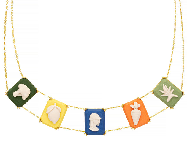 Gold chain necklace with multiple colored porcelain cameo pendants
