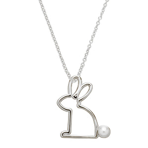 White gold chain necklace with a small labbit shaped pendant with a freshwater pearl as tail