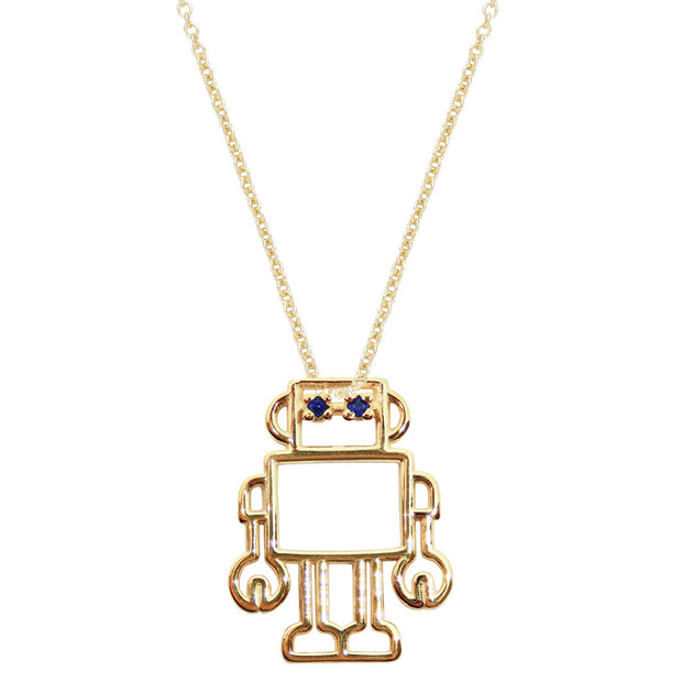Gold chain necklace with robot shaped pendant and blue sapphires
