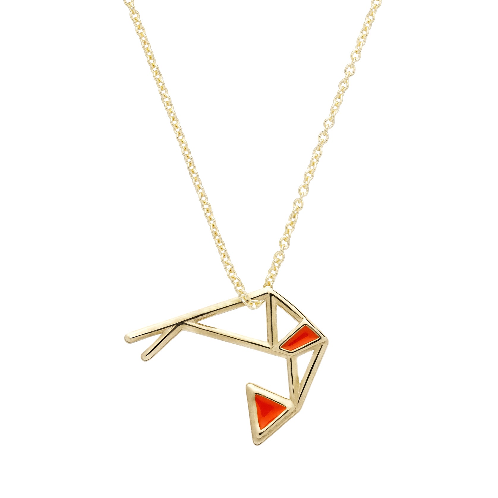Gold chain necklace with a shrimp shaped pendant with hand-painted orange enamel