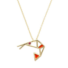 Load image into Gallery viewer, Gold chain necklace with a shrimp shaped pendant with a small ruby as eye
