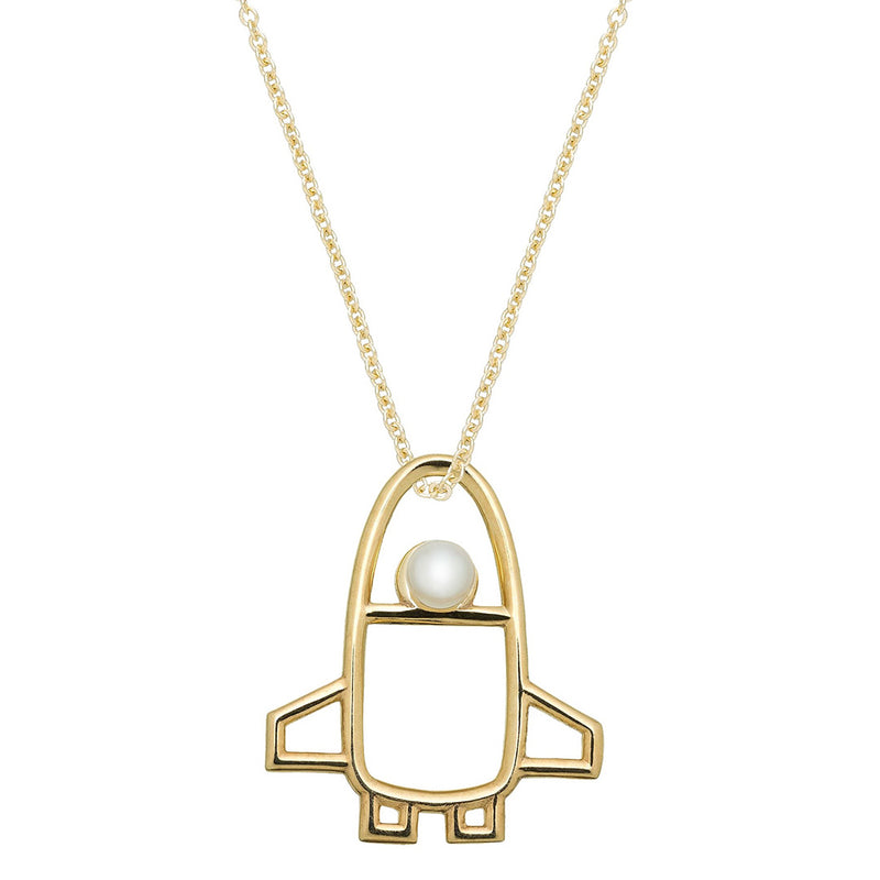 Gold chain necklace with space shuttle shaped pendant with pearl