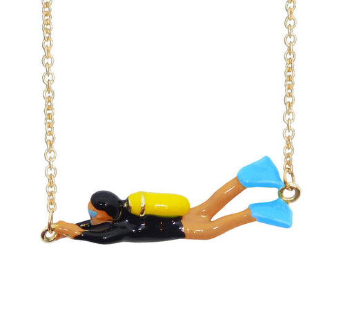 Gold chain necklace with scuba diver shaped pendant with blue enamel fins