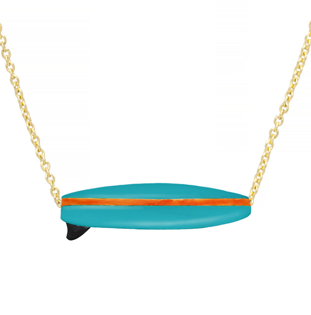 Gold chain necklace wih surf shaped turquoise pendant