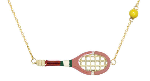 Gold chain necklace with gold tennis racquet and ball shaped pendants in pink and yellow enamel