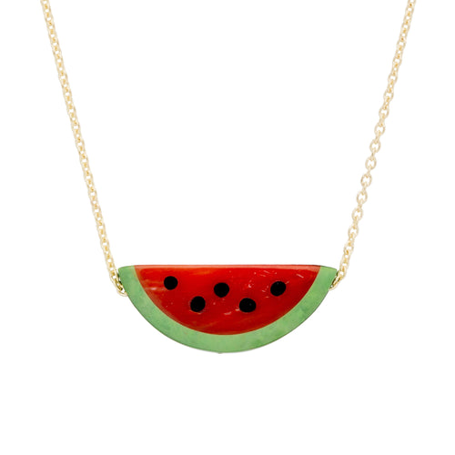 Gold chain necklace with a watermelon slice in red coral and oxidized turquoise