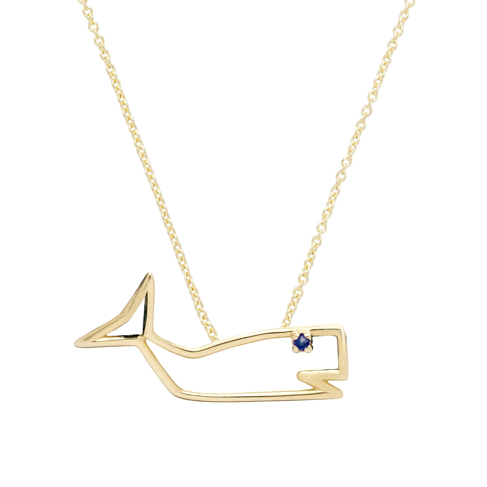Gold chain necklace with a whale shaped pendant with a blue sapphire as eye