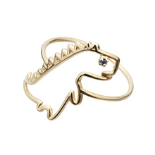 Load image into Gallery viewer, Dinosaur shaped gold ring with small blue sapphire
